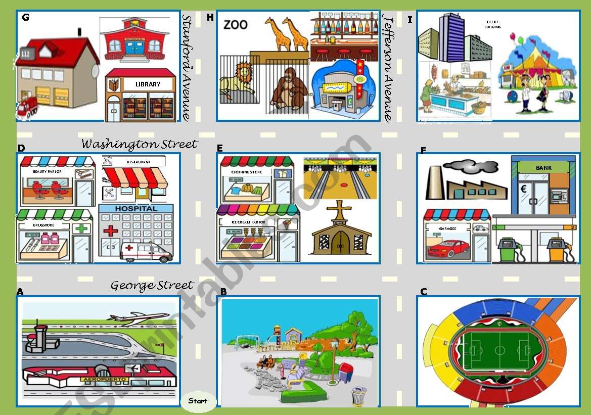 Asking for directions â€“ there be, prepositions, directions [map / boardgame + 4 tasks + 24 cards + 4 suggestions for the use of the ws] ((4 pages)) ***editable
